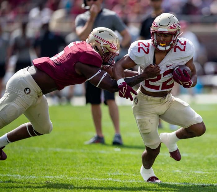Florida State Seminoles running back CJ Campbell (22) makes his way down the field. Seminole fans watched as the Florida State football team hosted the FSU Garnet and Gold Spring Showcase on Saturday - Alicia Devine USA Today Network